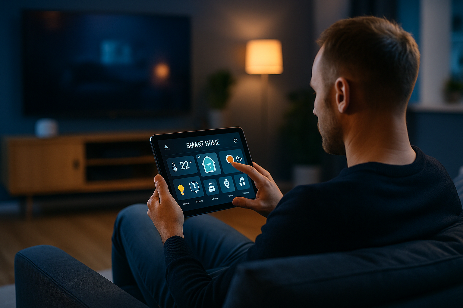 Mann überwacht Sicherheitsgeräte über Smart-Home-Tablet