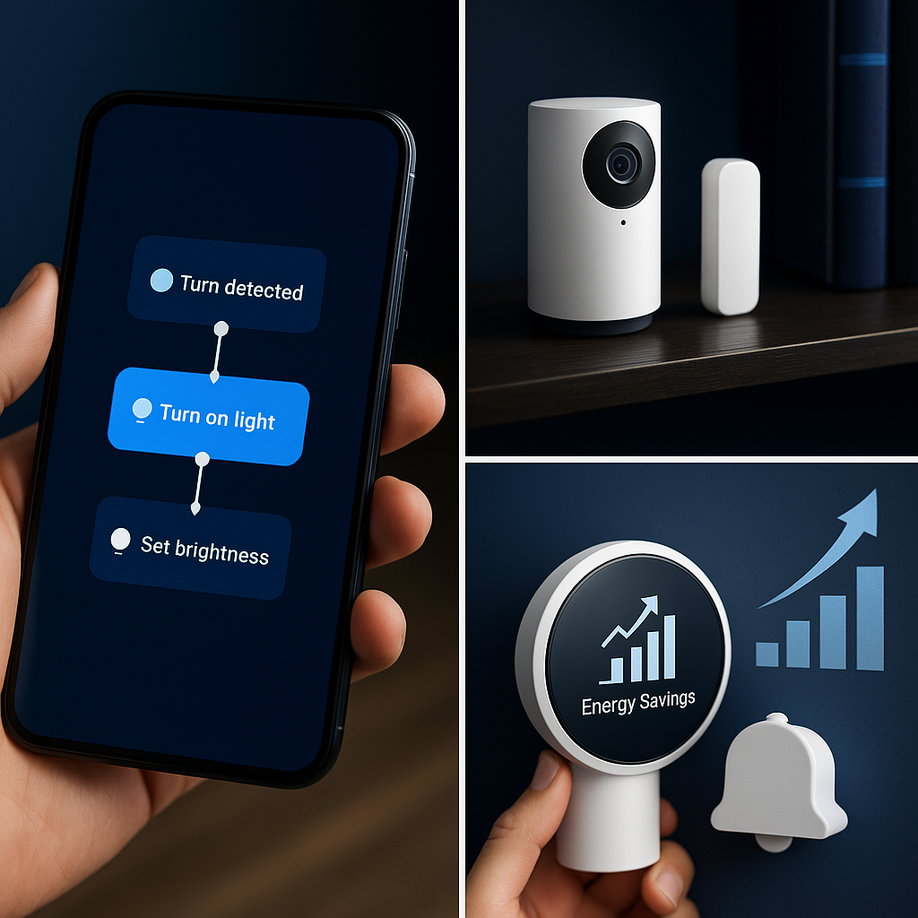 Smartphone zeigt Automations-Flow und Sicherheitskamera