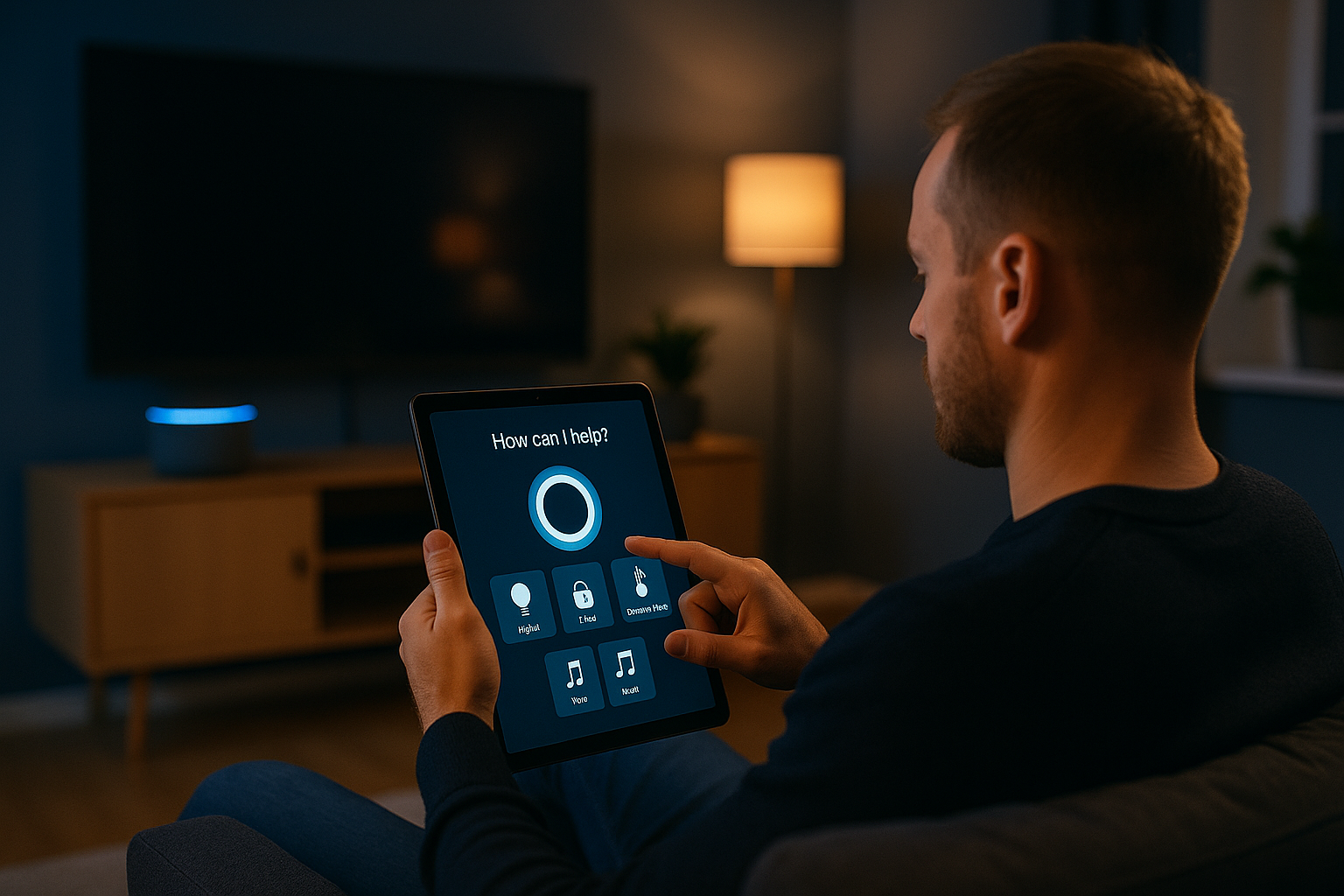 Mann steuert Alexa mit Tablet