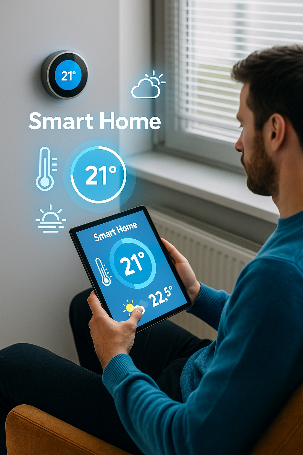 Mann prüft Smart-Home-Temperaturen am Fenster