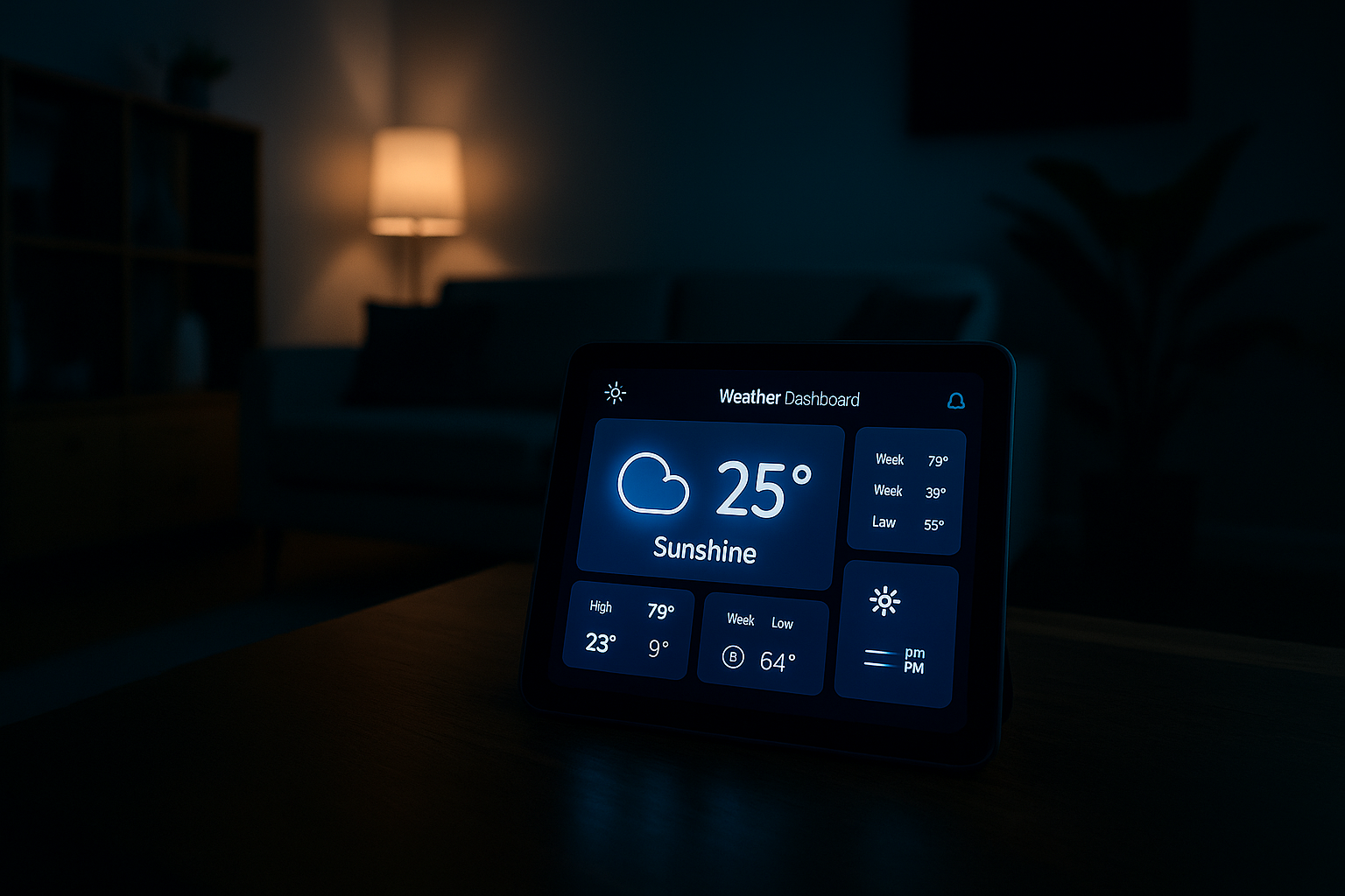 Tablet mit Wetter- und Temperaturübersicht im Wohnzimmer