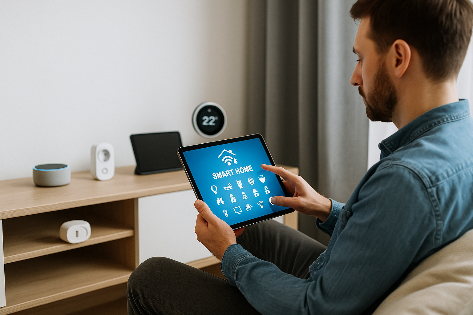 Mann steuert Smart Home mit Tablet im Wohnzimmer